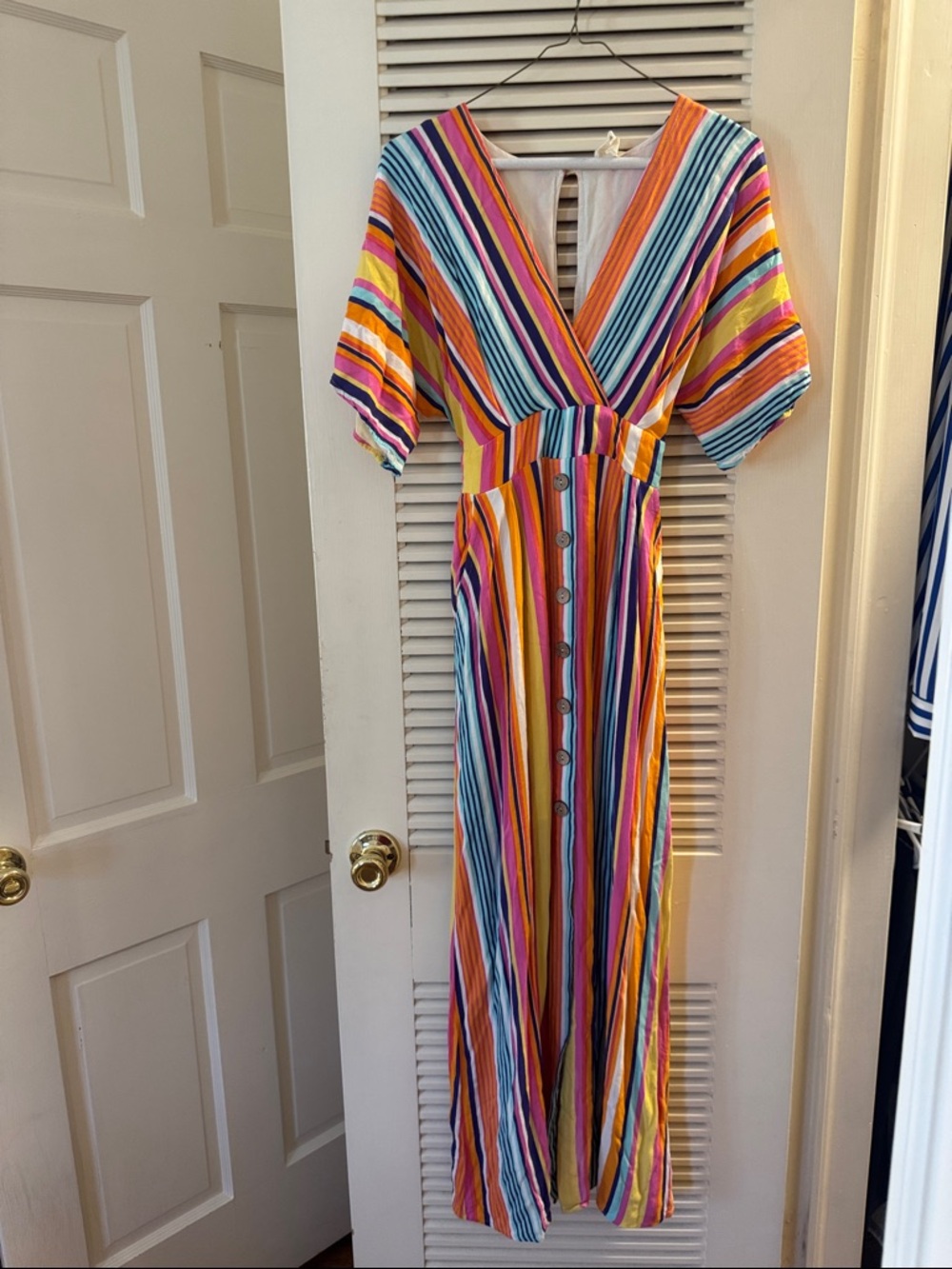 Striped V-Neck Midi Dress in Multi-Color